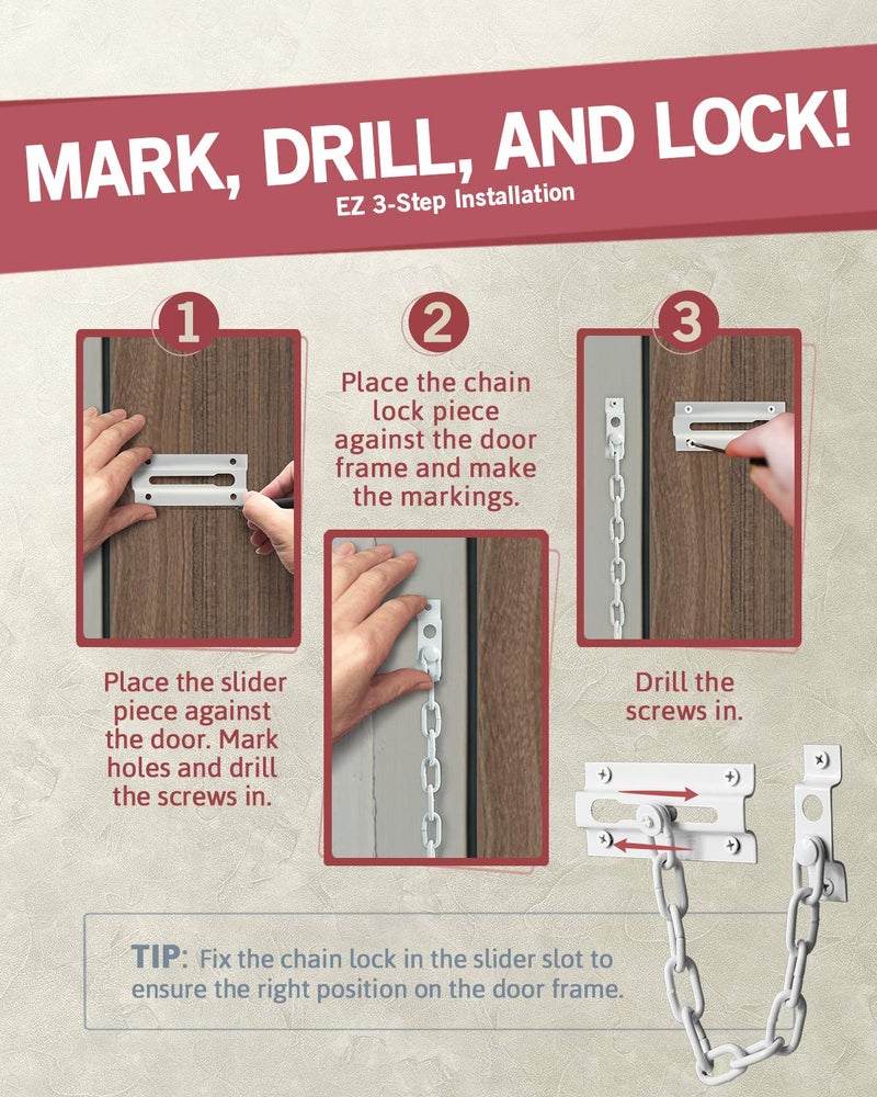 JD Jack N'Drill Jack N'Drill 2 Pack Door Chain Lock, Exclusive Chain Door Lock with Extended Chain Length, 100% Child Proof Safety, Heavy Duty Chain Locks for Inside Door and Extra Front Door Lock (White) - Image 4